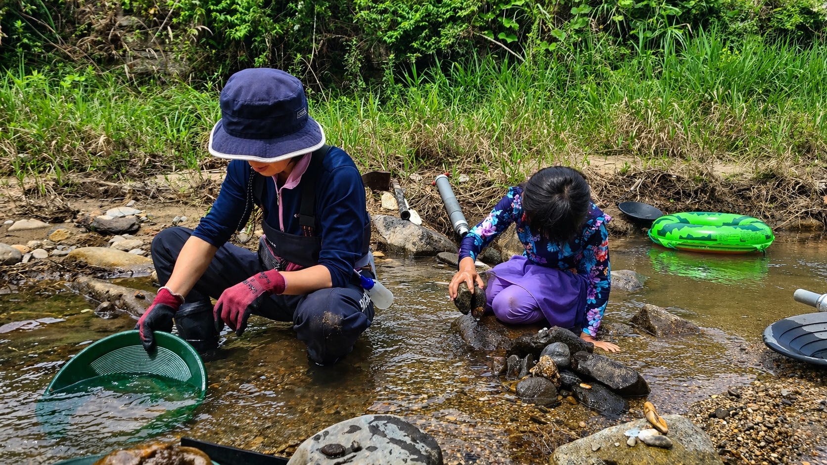 川で家族が砂金採りを体験している様子｜あおい商店