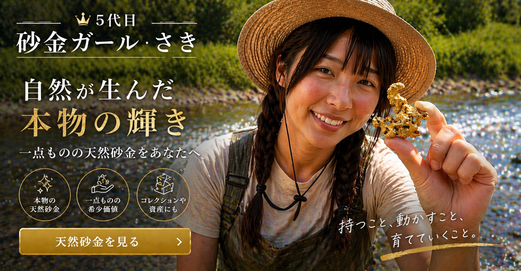 あおい商店専属 砂金ガールが川で砂金採りをしている様子