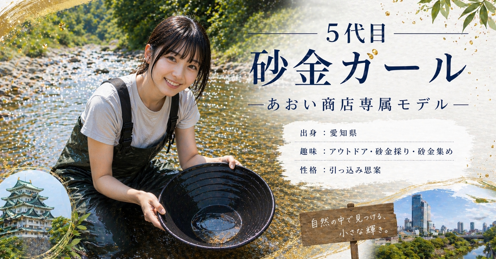 あおい商店専属 砂金ガールが川で砂金採りをしている様子